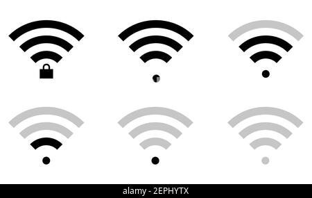 Flat wifi sign icons in straight shape and connection level, locked and unlocked, triangle, thin, thick and round. Stock Vector