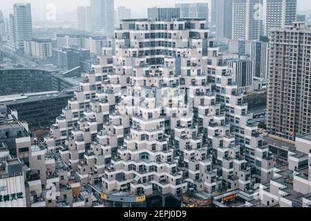 --File--Aerial view of a pyramid-shaped apartment in Kunshan city, east ...