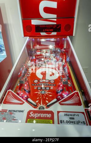 a supreme branded pinball machine in the american eagle stores urban necessities pop up in the soho neighborhood of new york on its grand opening day saturday march 9 2019 vf corp the owner of vans and other brands will purchase the streetwear brand supreme for 21 billion photo byrichard b levine 2epj27f