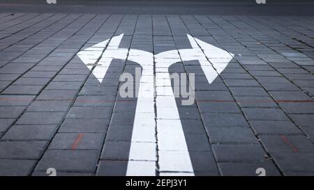 Arrow symbol on forked road. Make choice which way to go. Directional traffic arrow sign on street. Decision concept. Stock Photo