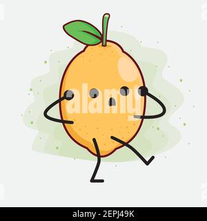 Vector Illustration of Lemon Fruit Character with cute face, simple hands and leg line art on Isolated Background. Flat cartoon doodle style. Stock Vector
