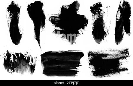 Set of beautiful black ink smear and stroke brushes Stock Photo