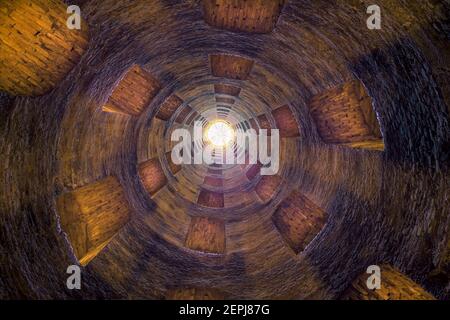 Pozzo di San Patrizio, a Renaissance historic water well built by Sangallo, with a cylinder shaft surrounded by a double helix spiral staircase and ar Stock Photo