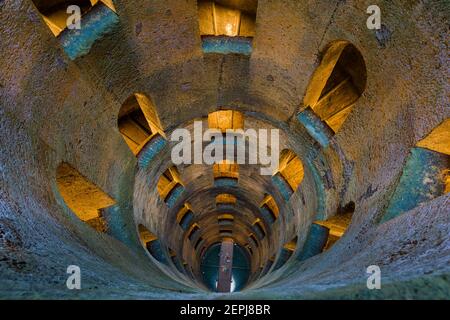 Pozzo di San Patrizio, a Renaissance historic water well built by Sangallo, with a cylinder shaft surrounded by a double helix spiral staircase and ar Stock Photo