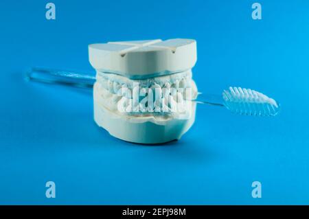 View of the impression of a bit, with the upper and lower jaw in front of a light, blue background. There's another toothbrush between the jaws Stock Photo