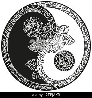 Vector Yin-Yang symbol. Coloring book for adult in Oriental style with flowers and ethnic floral ornaments. Circular mandala pattern for henna, mehndi Stock Vector