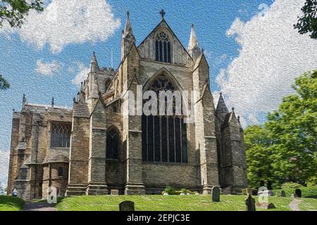 East End of Ripon Cathedral with ancient spires and a Graveyard in the foreground at Ripon, North Yorkshire, England, UK - digital watercolour effect. Stock Photo