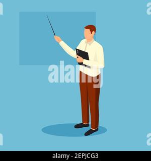 Teacher conducts lesson isometric illustration. Male character with pointer and in business suit giving lecture. Stock Vector