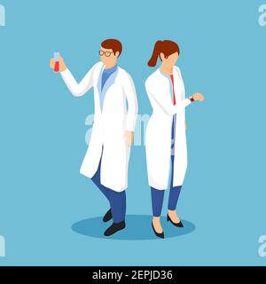 Scientists research and create new drug isometric clipart. Male and female characters in white coats conducting experiments. Stock Vector