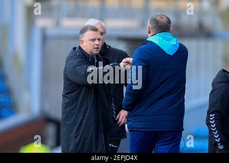 Blackburn, UK. 27th Feb, 2021. Mark Robins the Coventry City manager and Tony Mowbray Blackburn Rovers Manager touch fists at the end of the game in Blackburn, UK on 2/27/2021. (Photo by Conor Molloy/News Images/Sipa USA) Credit: Sipa USA/Alamy Live News Stock Photo