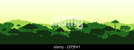 Endless overgrown jungle background. Dark tops of tropical green trees with tall sequoias and dense deciduous thickets. Stock Vector