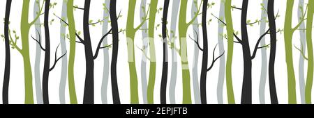 Green and withered black trees in forest background. Slender young birches with blossoming leaves and old dead trunks intertwined. Stock Vector