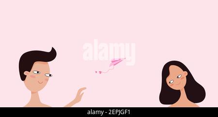 Romantic message with paper airplane. Male character sending confession of love embarrassed girl. Stock Vector