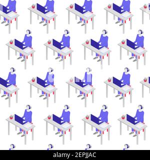 Support service consultation isometric seamless pattern. Character in blue uniform with headphones behind laptop gives advice. Stock Vector
