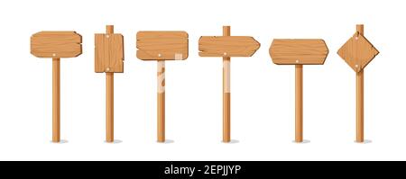 Wooden retro pointers banners. Old blank billboards on stick for announcements and information. Stock Vector