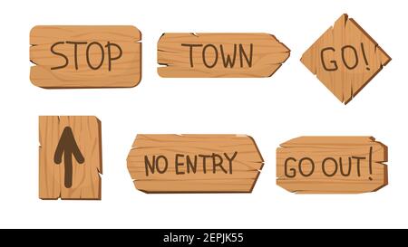Vintage wooden signboards pointers. Old billboards with stop and no entry announcements and information brown wood texture. Stock Vector