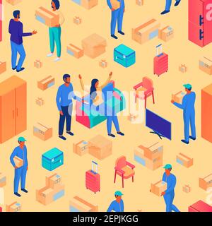 People deliver purchases and goods isometric seamless pattern. Male character in blue uniform cap delivers parcel woman on sofa rejoices. Stock Vector