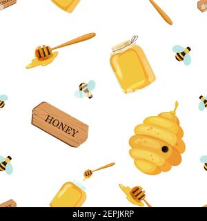 Honey jar with bee hive and stick seamless pattern. Sweet nectar in golden filled glassware and spoon. Stock Vector