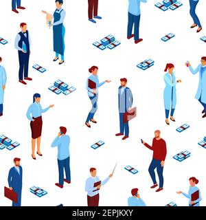 People and work isometric seamless pattern. Male female characters in business blue suits talk about project scientists. Stock Vector