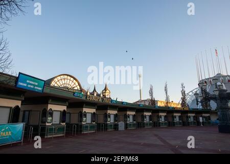 Rust, Germany. 27th Feb, 2021. The ticket booths at the main entrance of Europa-Park are closed. Due to the worldwide Corona pandemic and related orders of the state government of Baden-Württemberg, Europa-Park is currently closed. Credit: Philipp von Ditfurth/dpa/Alamy Live News Stock Photo