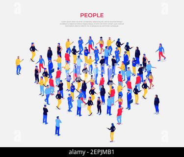 Crowd people gathers in circle isometric illustration. Male and female characters come to festival. Stock Vector