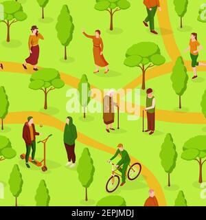 People walk in park isometric seamless pattern. Elderly male and female character with sticks walking between green trees. Stock Vector