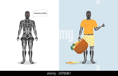 Robot in clothes and without clipart. Mechanical humanoid skeleton automaton and contentedly dressed with basket. Stock Vector