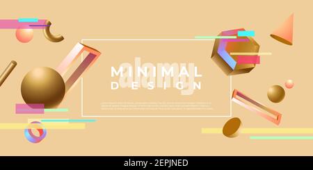 Geometric shapes minimal design. Gold balls with semicircles and pink cones flying blue polygons. Stock Vector