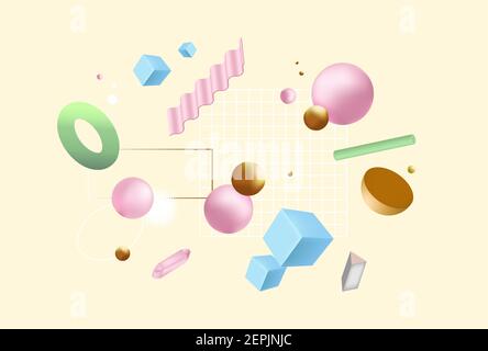 Scattered geometric shapes background. Green ring with flying pink balls and blue cubes golden hemispheres. Stock Vector