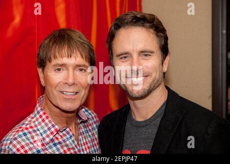 English pop star Sir Cliff Richard with American actor Charles Esten backstage at the Grand Ole Opry, Nashville, Tennessee, USA