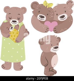 Cute bears with heart, mother with baby, vector Stock Vector