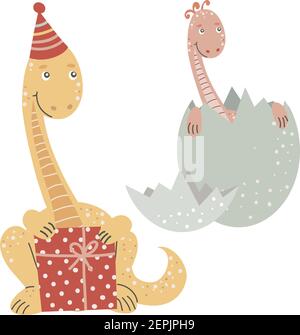 Cute dinosaurs with gift and egg, holiday vector Stock Vector
