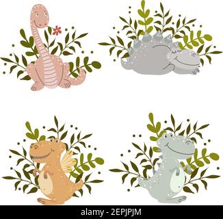 Set of cute cartoon dinosaurs with plants, vector Stock Vector
