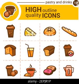 pastry and drinks simple vector color icons set Stock Vector