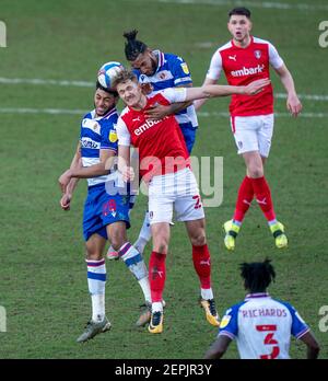 Rotherham, Yorkshire, UK. 27th February 2021; AESSEAL New York Stadium, Rotherham, Yorkshire, England; English Football League Championship Football, Rotherham United versus Reading; 3 players challenge for the same header Credit: Action Plus Sports Images/Alamy Live News Stock Photo