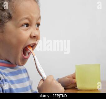 boy brushing his teeth with an electric tooth brush with grey background stock photo Stock Photo