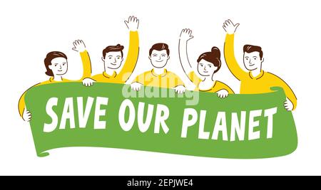 Ecology protest. People on a rally holding banner. Save our planet, ecological movement concept flat vector illustration Stock Vector