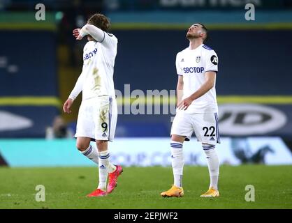 Leeds United's Patrick Bamford (left) and Jack Harrison appear dejected at the end of the Premier League match at Elland Road, Leeds. Picture date: Saturday February 27, 2021. Stock Photo