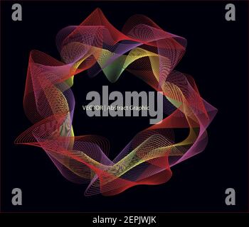 Vector graphic elements of red, orange and purple ribbon shapes, in abstract wavy parallel lines circles using blend tool on dark background Stock Vector