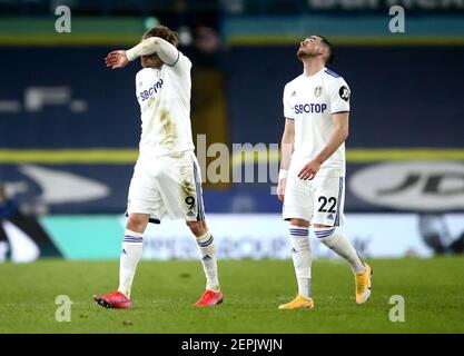 Leeds United's Patrick Bamford (left) and Jack Harrison appear dejected at the end of the Premier League match at Elland Road, Leeds. Picture date: Saturday February 27, 2021. Stock Photo