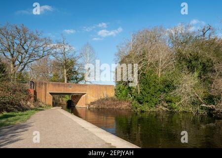 Mytchett Lake Canal Bridge in Surrey, England, UK, on a sunny winter day Stock Photo