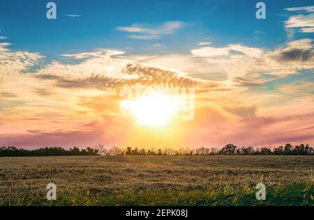 Summer sunset in the clouds over the field . Stock Photo