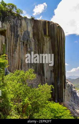 Hierve el Agua (Spanish for "the water boils") is a group of natural rock formations in the state of Oaxaca, Mexico, that resemble cascades of water Stock Photo