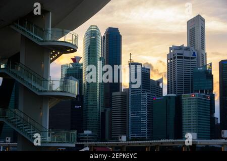 Singapore.Stairs leading to the ArtScience Museum and the skyline of the city in the background Stock Photo