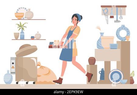 Young woman clean pottery studio for pottery lessons vector flat illustration. Female character carrying tray with clay mugs and cups. Pottery workshop interior design with utensil and tableware. Stock Vector