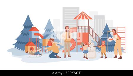 Parents spending time together with their children at winter playground vector flat illustration. Kids making snowman with mother and father, boy riding on sled in urban park. Happy childhood. Stock Vector