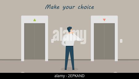 A man is standing in thought in front of two elevators and having choice:up or down. Concept of making decision or metaphor. Inscription Stock Vector