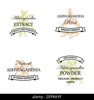 Set of hand drawn Ashwagandha logos isolated on white background. Vector illustration in sketch style. Stock Vector