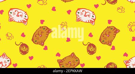 cute cats seamless vector pattern on yellow Stock Vector