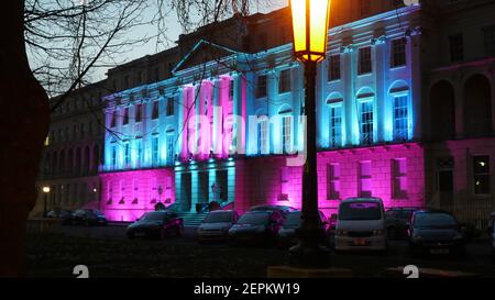 Queens Hotel during Light Up Cheltenham Festival, Luxury Accommodation in Regency Spa Town in Gloucestershire, United Kingdom Stock Photo